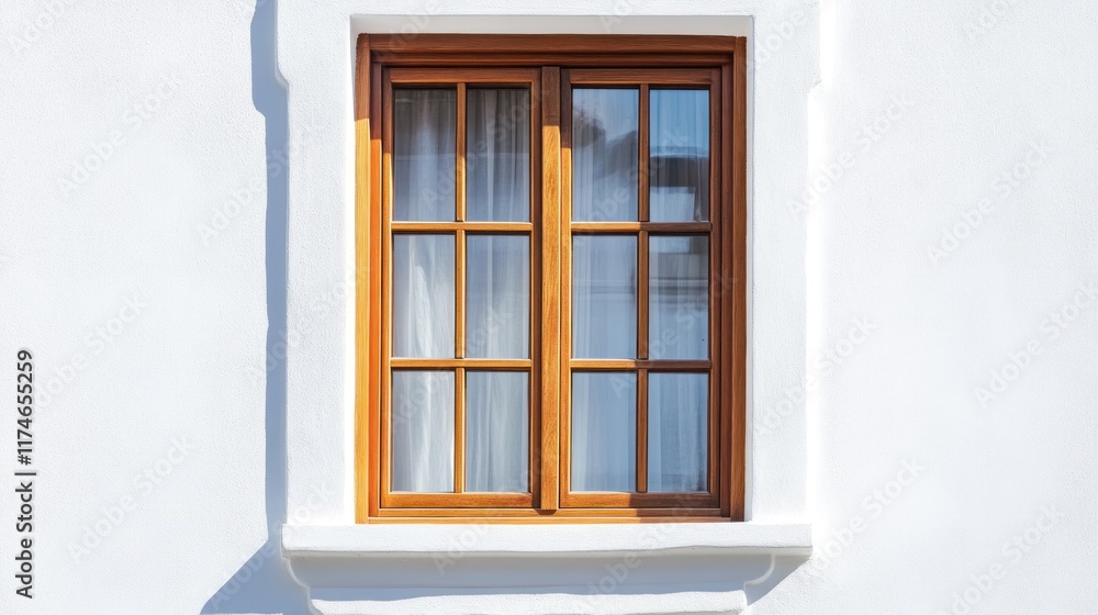Obraz premium A wooden window with a white wall background, featuring a simple and clean design.