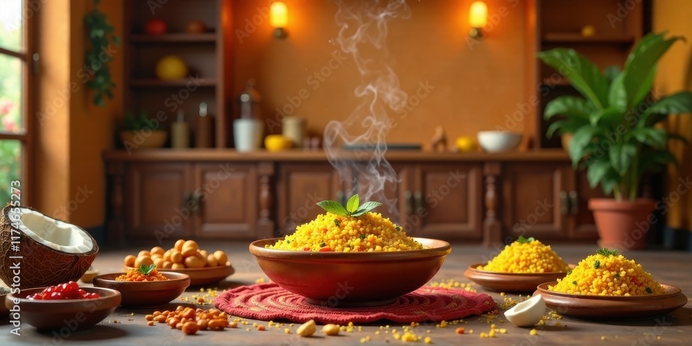 Warm, Steaming Couscous in Rustic Kitchen Setting with Aromatic Spices and Fresh Herbs Warm, Steaming Couscous in Rustic Kitchen Setting with Aromatic Spices and Fresh Herbs