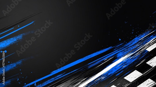 Abstract racing background with black and white checkered flag, blue streaks, and paint splatter effects.