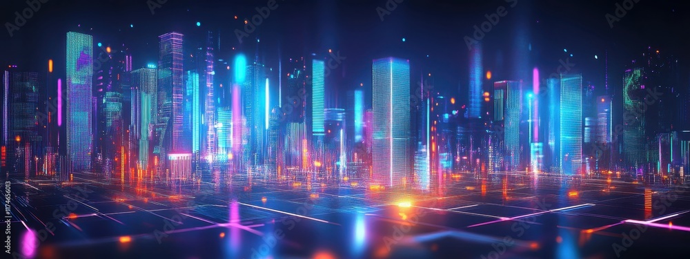 Fototapeta premium Futuristic cityscape, neon lights, reflective wet streets, cyberpunk atmosphere, urban night scene, glowing skyscrapers, pink and blue color palette, dystopian metropolis, puddles reflecting neon, hig