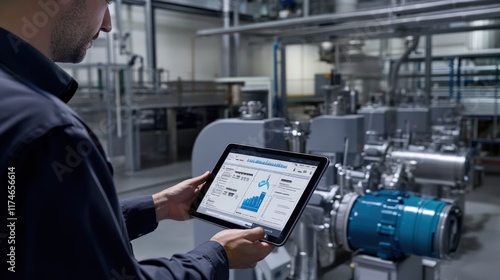 A man is holding a tablet and looking at a graph