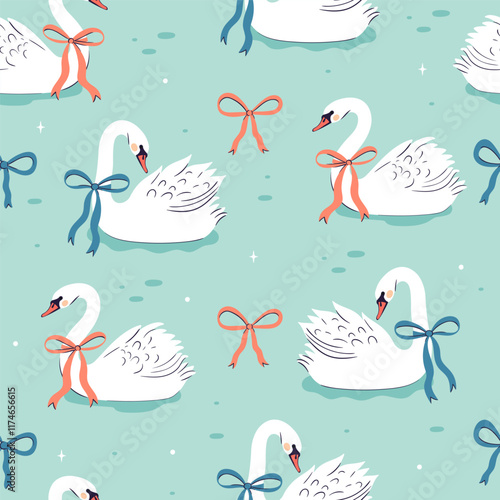 Seamless pattern with swans with ribbon bows on their necks. Vector graphics.