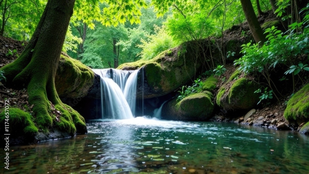 A peaceful corner of nature with a waterfall, free space for text on the side A peaceful corner of nature with a waterfall, free space for text on the side