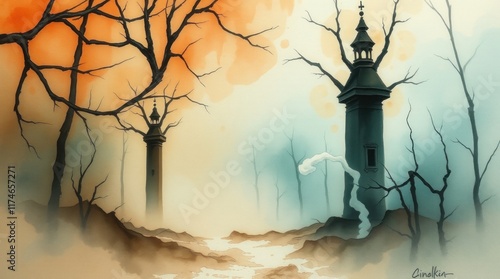 Misty forest path, twin towers, autumnal scene, game background.