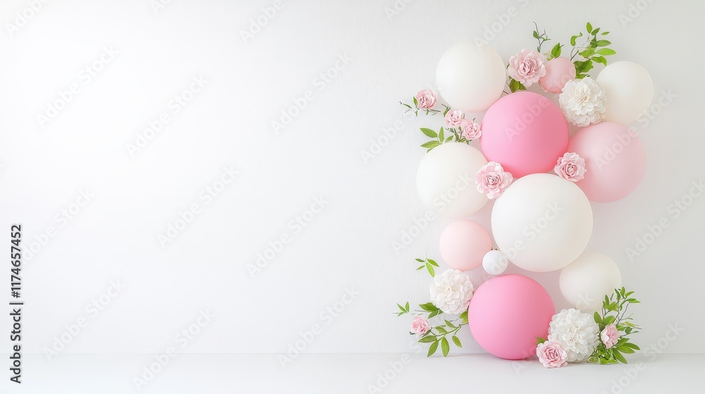 A white background with pink and white balloons and flowers A white background with pink and white balloons and flowers