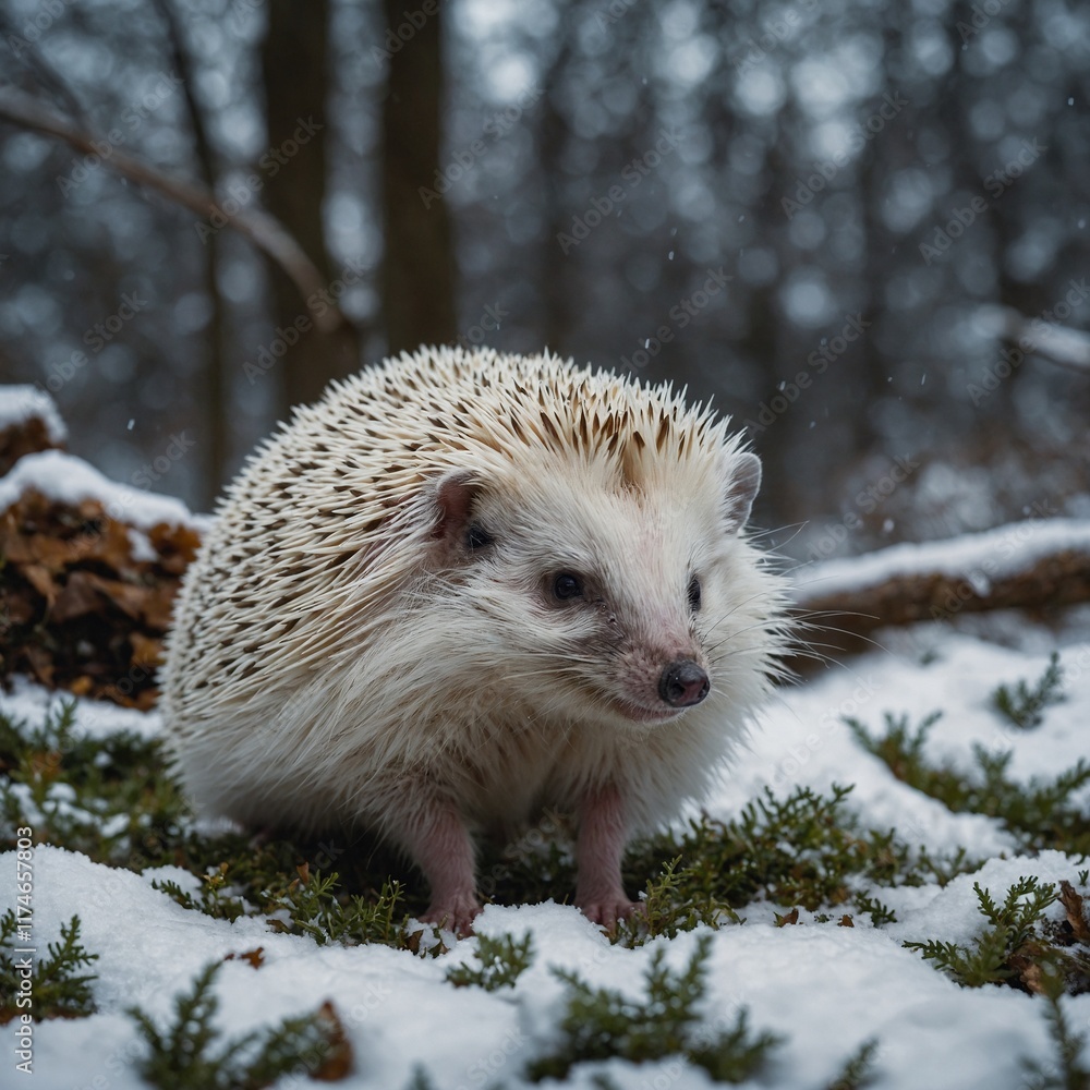 Obraz premium A white hedgehog exploring a winter garden.