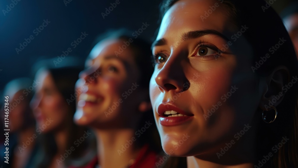 Obraz premium Close-up of main characters on screen their expressions mirrored by audience, Professional stock photo, AI generated photograph