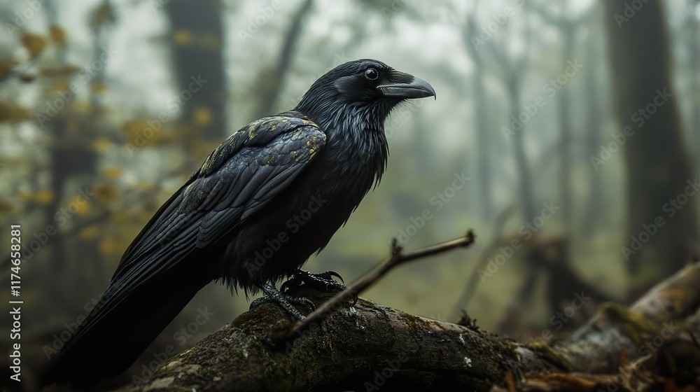 Majestic Raven in a Misty Forest: A Dark and Mysterious Wildlife Scene Majestic Raven in a Misty Forest: A Dark and Mysterious Wildlife Scene
