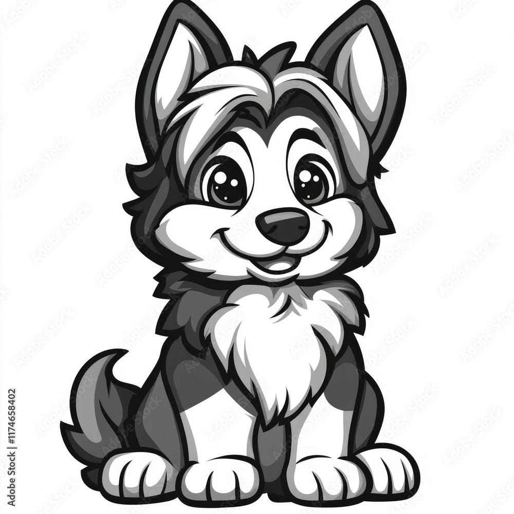 Adorable Cartoon Husky Puppy Black and White Illustration Adorable Cartoon Husky Puppy Black and White Illustration