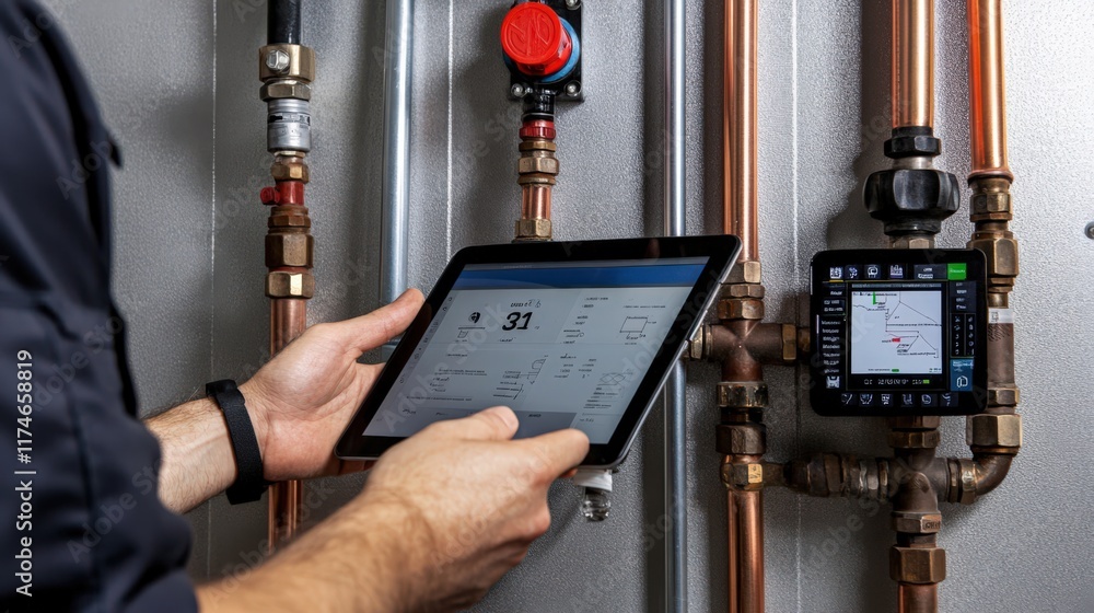 A man is holding a tablet and looking at a pipe