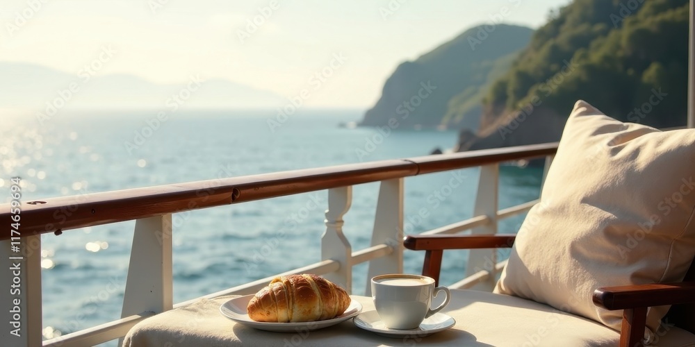 Obraz premium Oceanfront Relaxation A Delightful Pastry and Coffee Await on a Deck Overlooking Serene Waters
