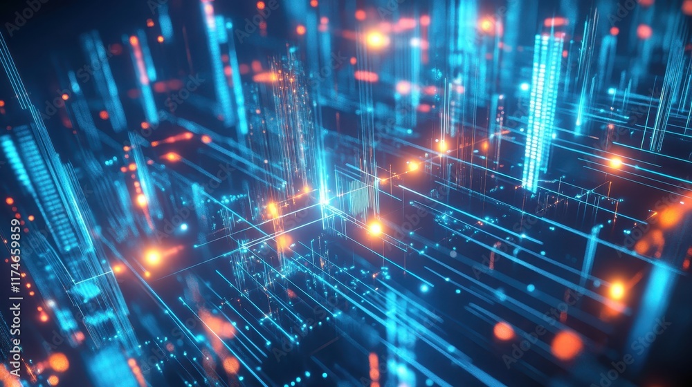 Fototapeta premium Futuristic cityscape, neon lights, reflective wet streets, cyberpunk atmosphere, urban night scene, glowing skyscrapers, pink and blue color palette, dystopian metropolis, puddles reflecting neon, hig