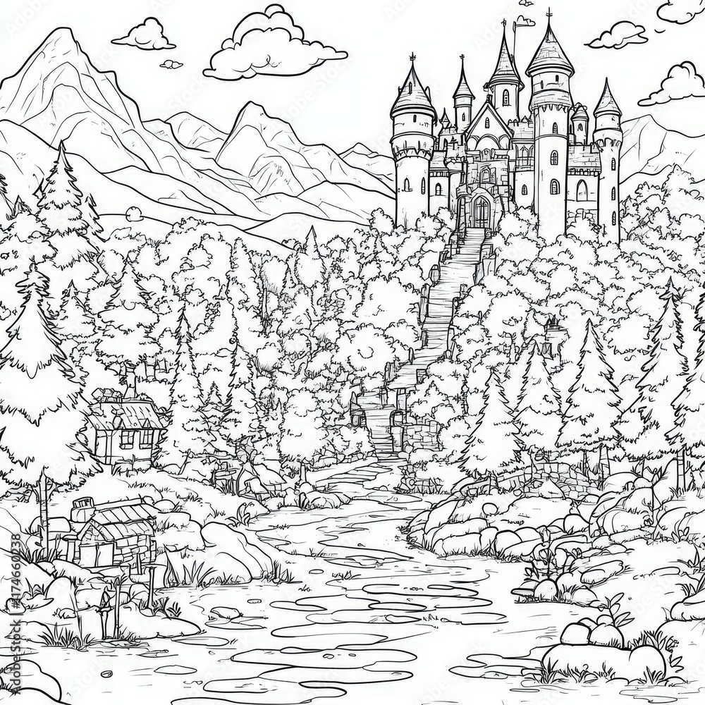 Fairytale Castle in a Lush Forest Landscape - Line Art Illustration Fairytale Castle in a Lush Forest Landscape - Line Art Illustration