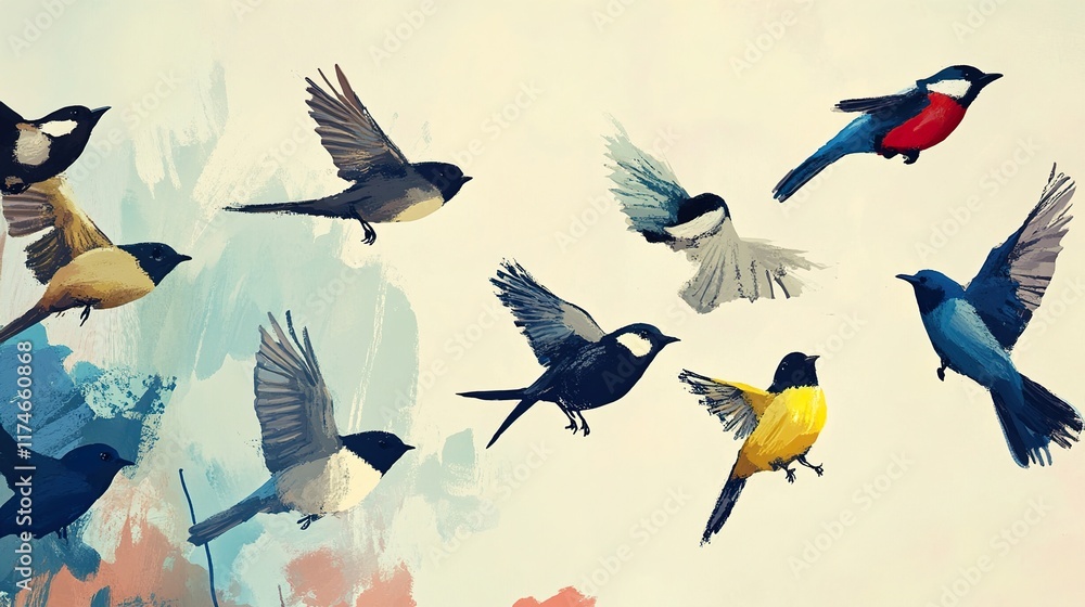 Birds in Flight: A Colorful Avian Painting Birds in Flight: A Colorful Avian Painting
