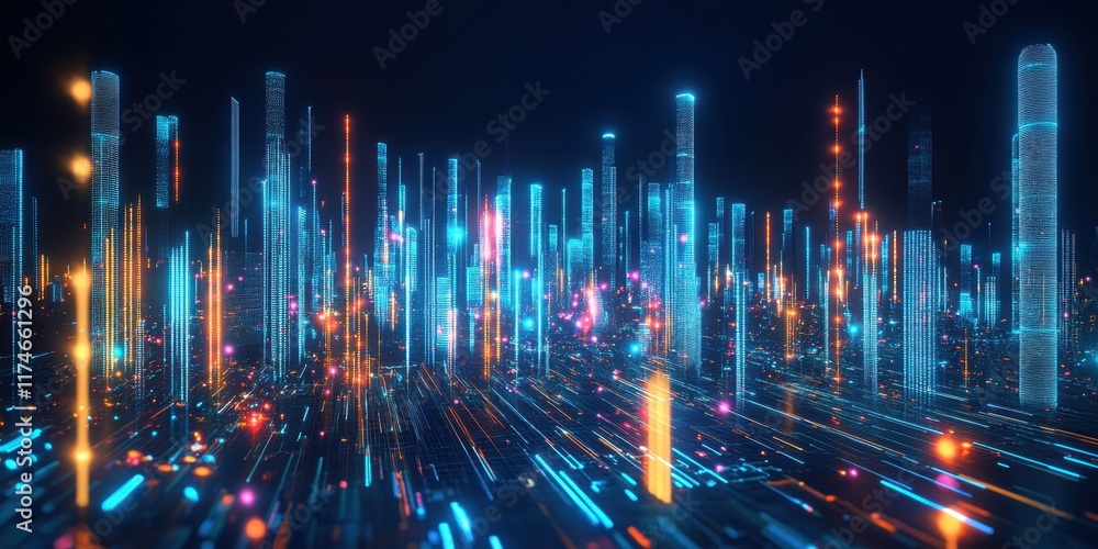 Fototapeta premium Futuristic cityscape, neon lights, reflective wet streets, cyberpunk atmosphere, urban night scene, glowing skyscrapers, pink and blue color palette, dystopian metropolis, puddles reflecting neon, hig