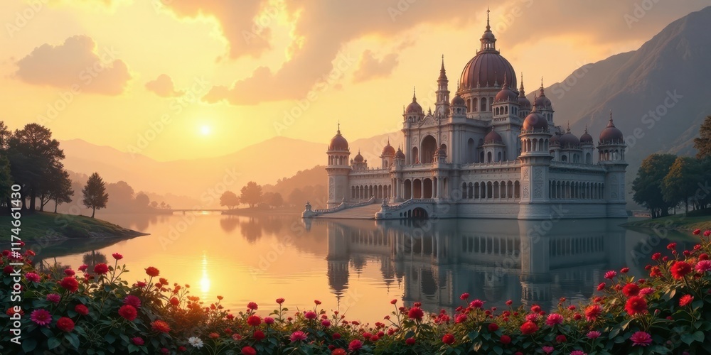 Obraz premium Serene Sunset Illuminates Picturesque Palace Reflected in Tranquil Waters, Adorned by Vibrant Blossoms