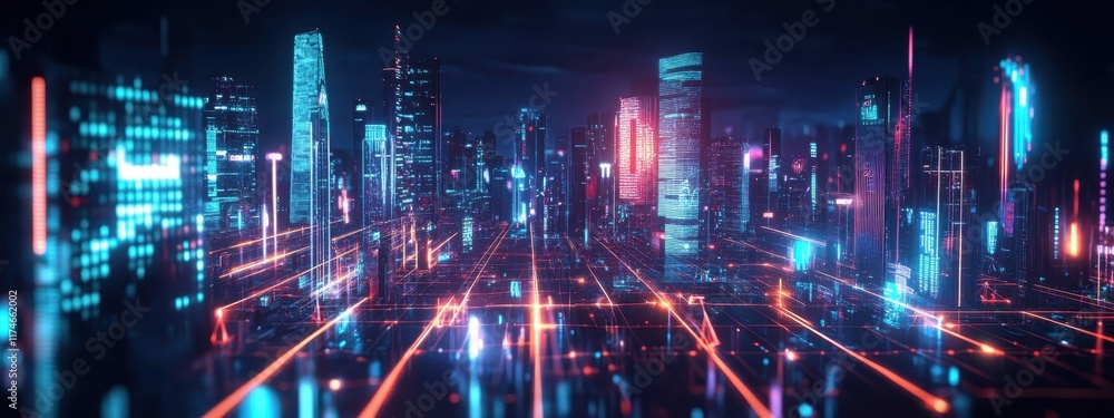Obraz premium Futuristic cityscape, neon lights, reflective wet streets, cyberpunk atmosphere, urban night scene, glowing skyscrapers, pink and blue color palette, dystopian metropolis, puddles reflecting neon, hig