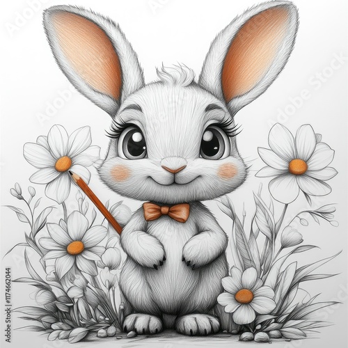 Adorable Bunny Rabbit in a Flower Garden with Pencil