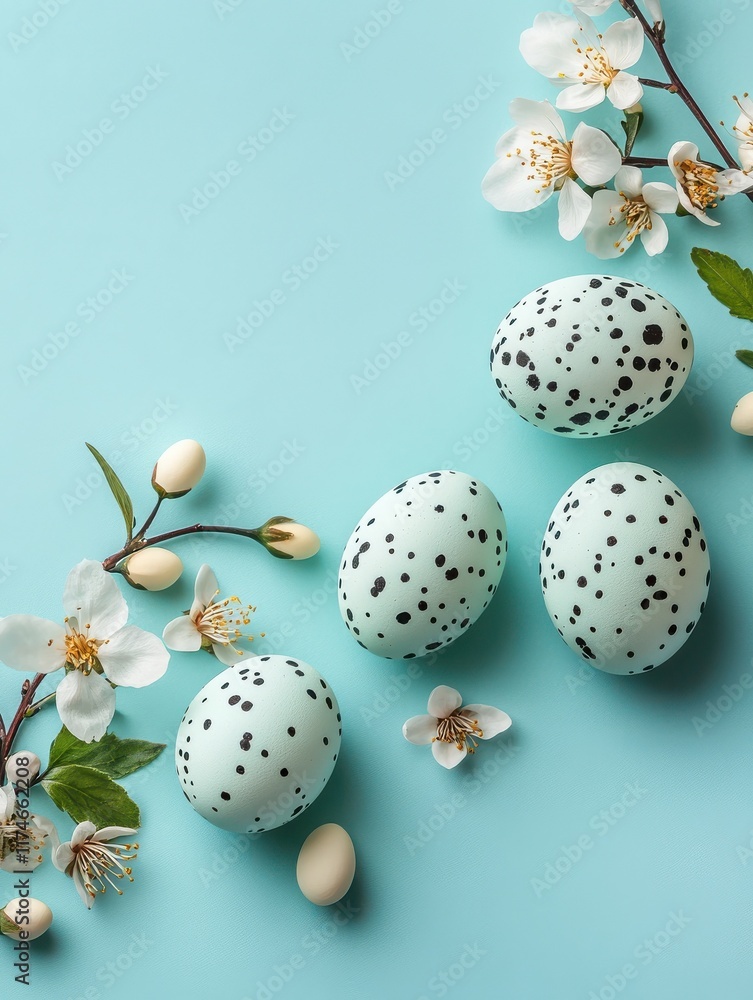 Fototapeta premium Happy Easter composition for easter design. Elegant Easter eggs and spring flowers on mint background. Flat lay, top view, copy space.