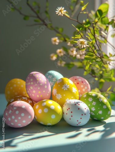 Shot of colorful Easter eggs and greetings in Portuguese/Happy and peaceful Easter to everyone!/Happy Easter. photo