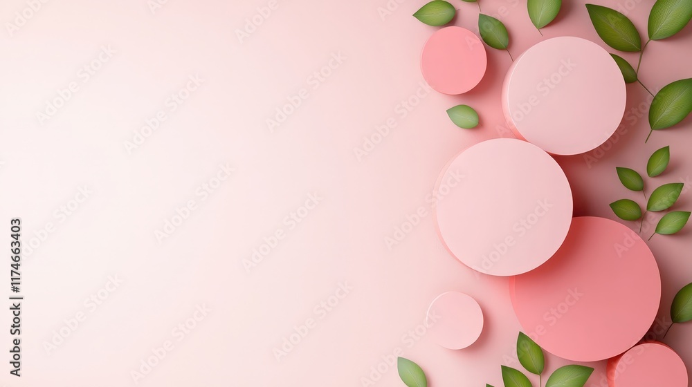 A pink background with green leaves and pink circles A pink background with green leaves and pink circles