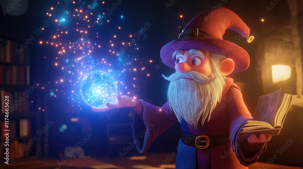 Enchanted Wizard Casting Magic in Cozy Library Setting Enchanted Wizard Casting Magic in Cozy Library Setting