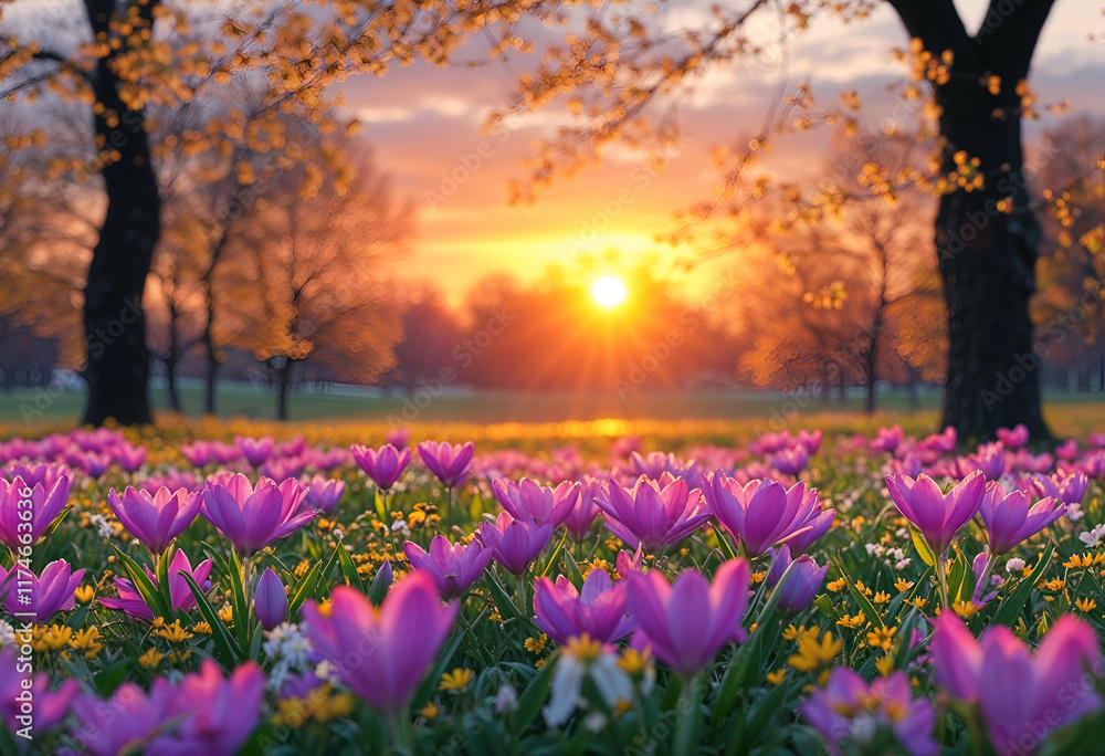 Obraz premium Sunrise Symphony: A breathtaking panorama of purple crocuses blooming under a golden sunrise, painting a scene of vibrant life and renewal in a meadow bathed in warm light. 