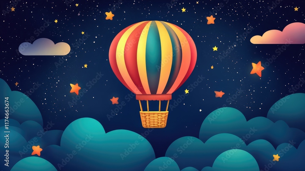 Naklejka premium Colorful Hot Air Balloon Floating in Starry Night Sky