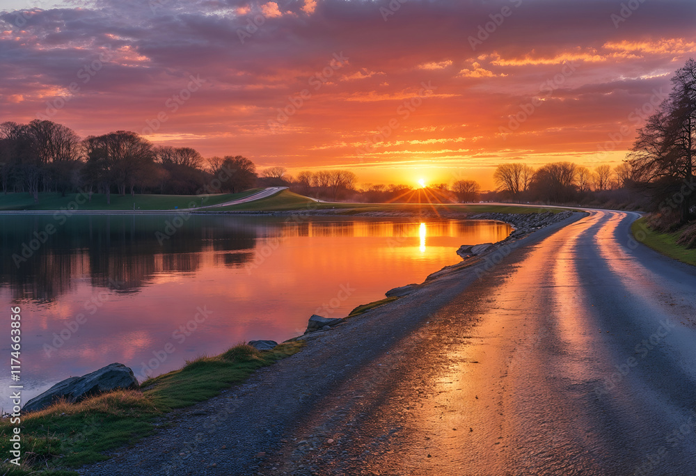 Obraz premium Golden Hour Road: A winding road leads towards a stunning sunset over a still lake. The golden light bathes the landscape in a warm glow, creating a sense of tranquility and wonder.
