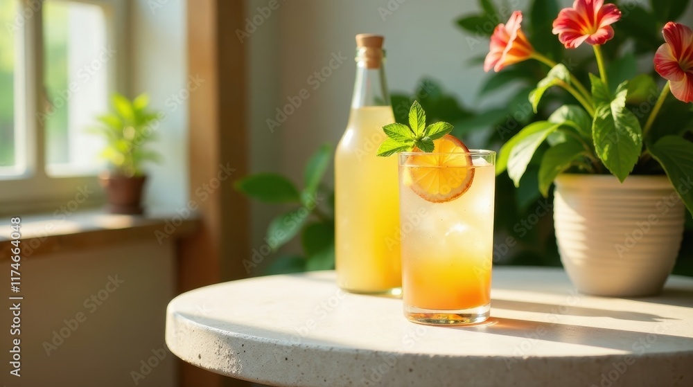 Refreshing Citrus Beverage with Mint Garnish on Sunny Patio Table Refreshing Citrus Beverage with Mint Garnish on Sunny Patio Table