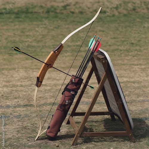 A recurve bow with arrows in a quiver rests against a wooden archery target stand outdoors on grass. The equipment is ready for practice. photo