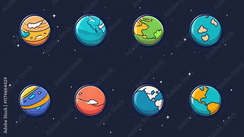 Fototapeta premium Colorful Cartoon Planets Set in Outer Space for Creative Projects