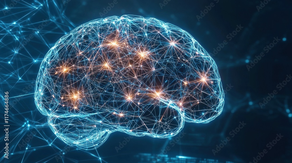 A digital representation of a brain interconnected with glowing nodes, symbolizing neural networks and cognitive processes. A digital representation of a brain interconnected with glowing nodes, symbolizing neural networks and cognitive processes.