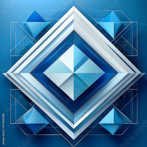 Abstract geometric design with a modern blue background, layered white transparent materials, and shapes like triangles, diamonds, and squares in harmony