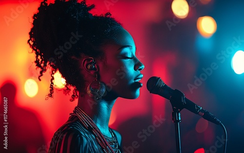 Woman singing on stage, illuminated by colorful lights.