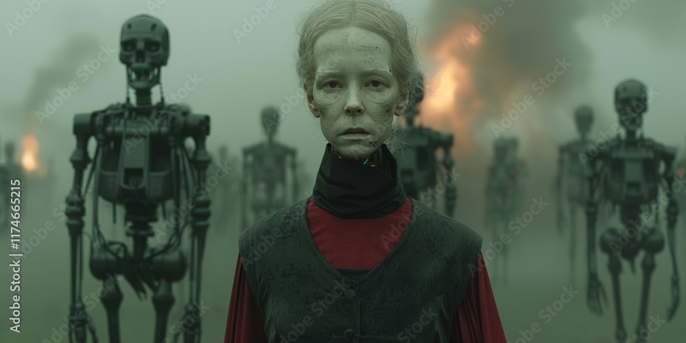 Futuristic battlefield with advanced robots in combat, dark clouds and fire.