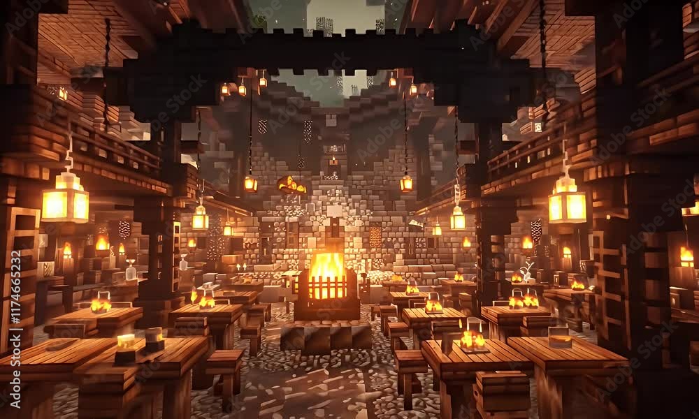 A cozy, illuminated tavern interior with wooden tables, warm lighting, and a central fireplace. A cozy, illuminated tavern interior with wooden tables, warm lighting, and a central fireplace.