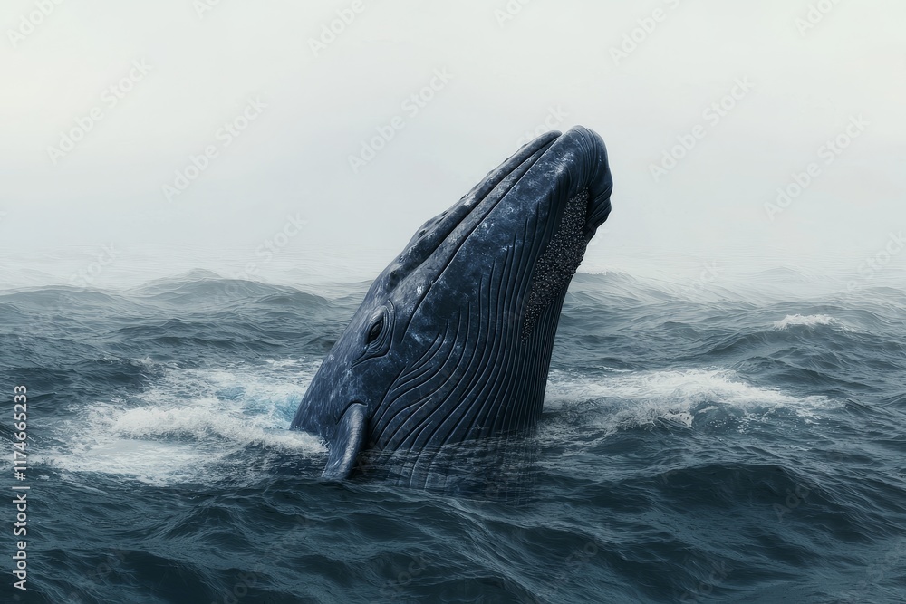 Fototapeta premium Blue whale sound concept. Humpback whale breaching in ocean waters.