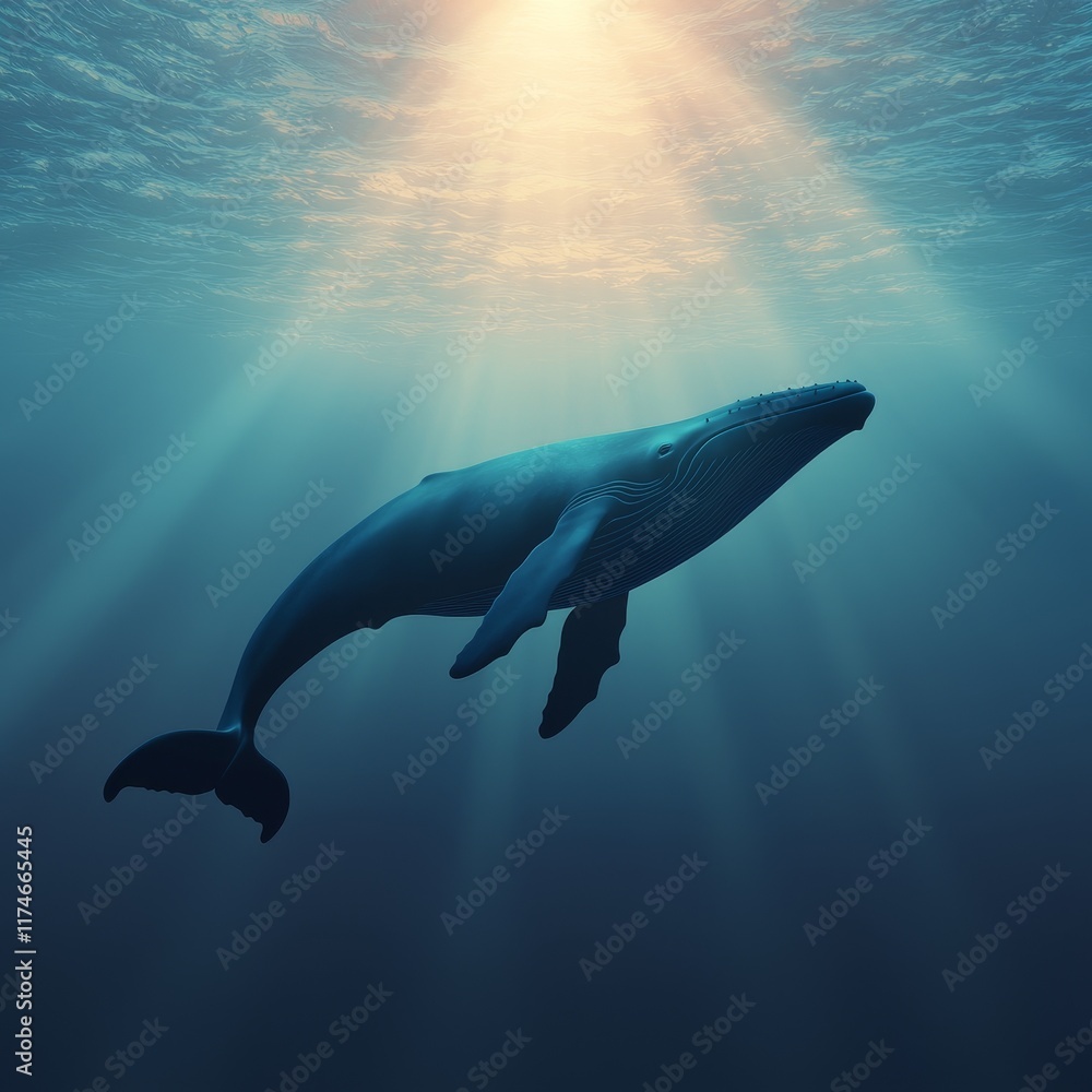 Fototapeta premium Blue whale sound concept. Majestic whale swimming in serene underwater scene