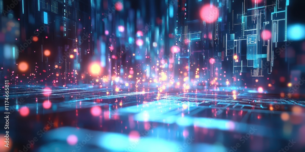 Fototapeta premium Futuristic cityscape, neon lights, reflective wet streets, cyberpunk atmosphere, urban night scene, glowing skyscrapers, pink and blue color palette, dystopian metropolis, puddles reflecting neon, hig