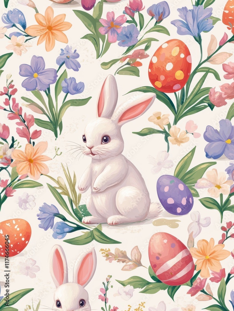 Easter bunny seamless pattern. Toddler bunnies, spring flourish festive background. Rabbit with eggs and flowers, cartoon hare decent vector print design Easter bunny seamless pattern. Toddler bunnies, spring flourish festive background. Rabbit with eggs and flowers, cartoon hare decent vector print design