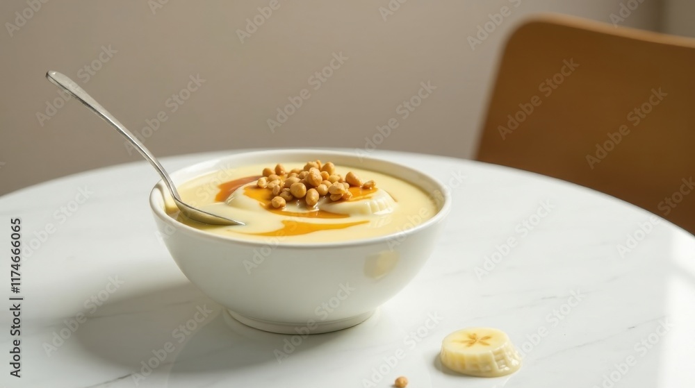 Creamy Dessert Bowl with Caramel Drizzle and Toasted Nuts, Garnished with a Banana Slice Creamy Dessert Bowl with Caramel Drizzle and Toasted Nuts, Garnished with a Banana Slice
