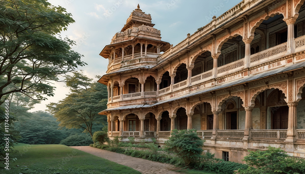 Obraz premium Magnificent Palace in Rajasthan: A majestic sandstone palace stands tall amidst lush greenery, its intricate architecture and serene setting creating a captivating image of Indian heritage. 