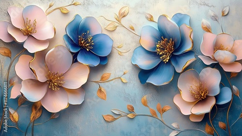 3D flowers in blue and pink, with gold leaves on the background, as a wallpaper, mural, or painting