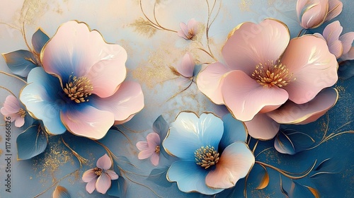 3D flowers in blue and pink, with gold leaves on the background, as a wallpaper, mural, or painting