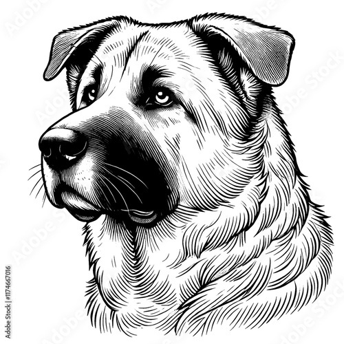 Hand drawn fierce Kangal portrait, vector sketch isolated on white background.	