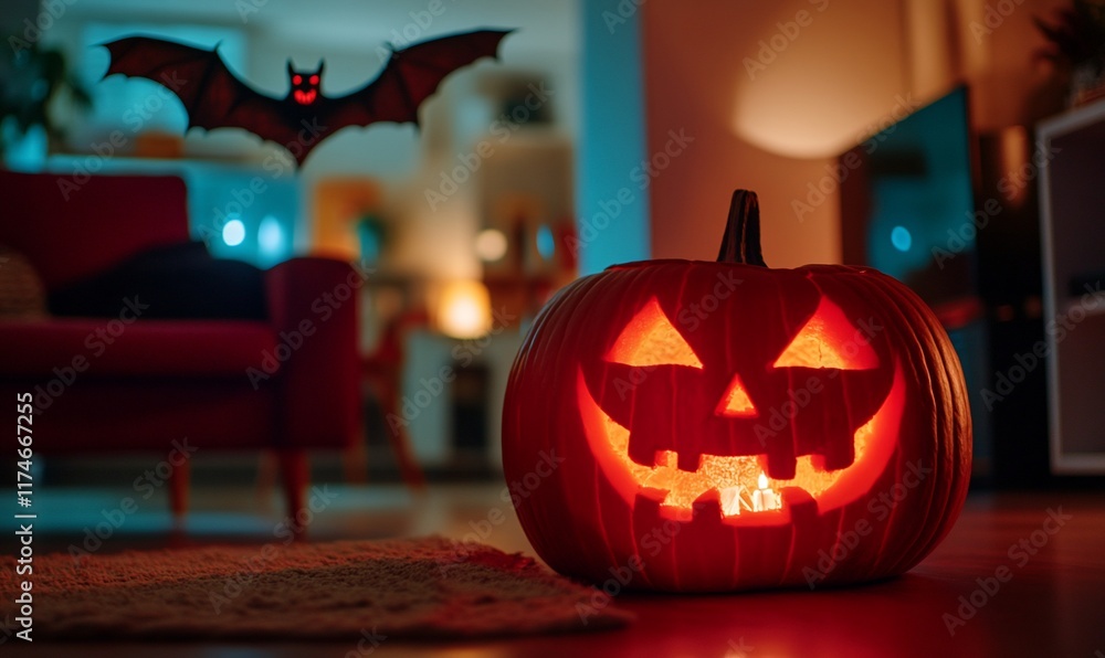 Fototapeta premium Lit jack-o'-lantern in living room, Halloween