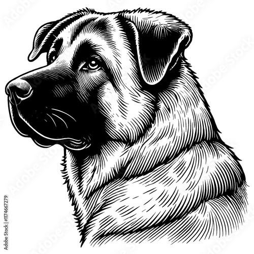 Hand drawn fierce Kangal portrait, vector sketch isolated on white background.	