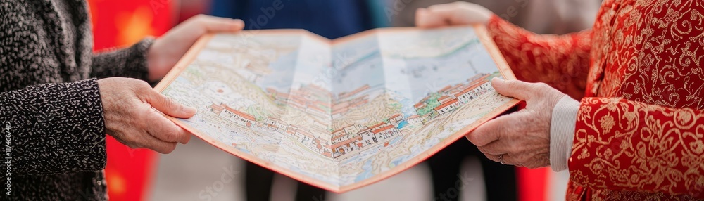 Retired with adventure concept. Couple holding a map together outdoors in winter. Retired with adventure concept. Couple holding a map together outdoors in winter.