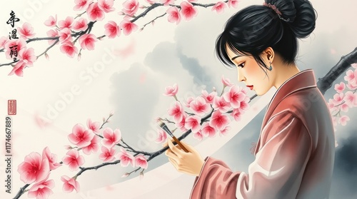 Woman painting blossoms, spring, Asian art, tranquil scene, card design.